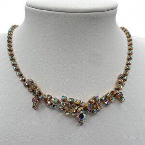 Vintage AB Aurora Borealis Rhinestone Gold-Tone Prong-Set Choker Necklace